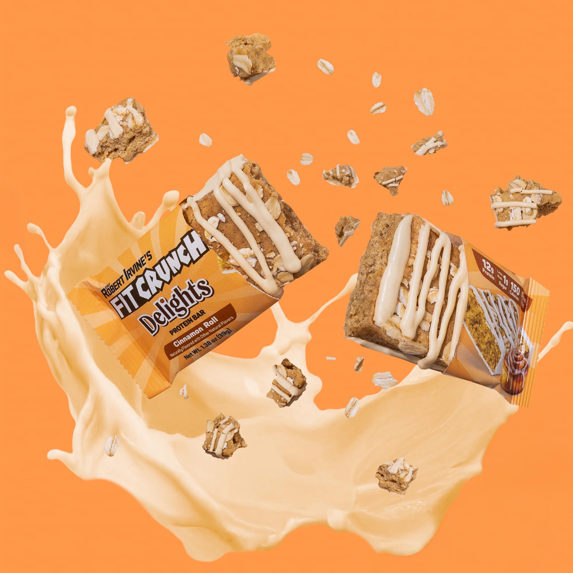 Fit Crunch Delights Cinnamon Roll bar unwrapped; ready-to-eat protein snack.