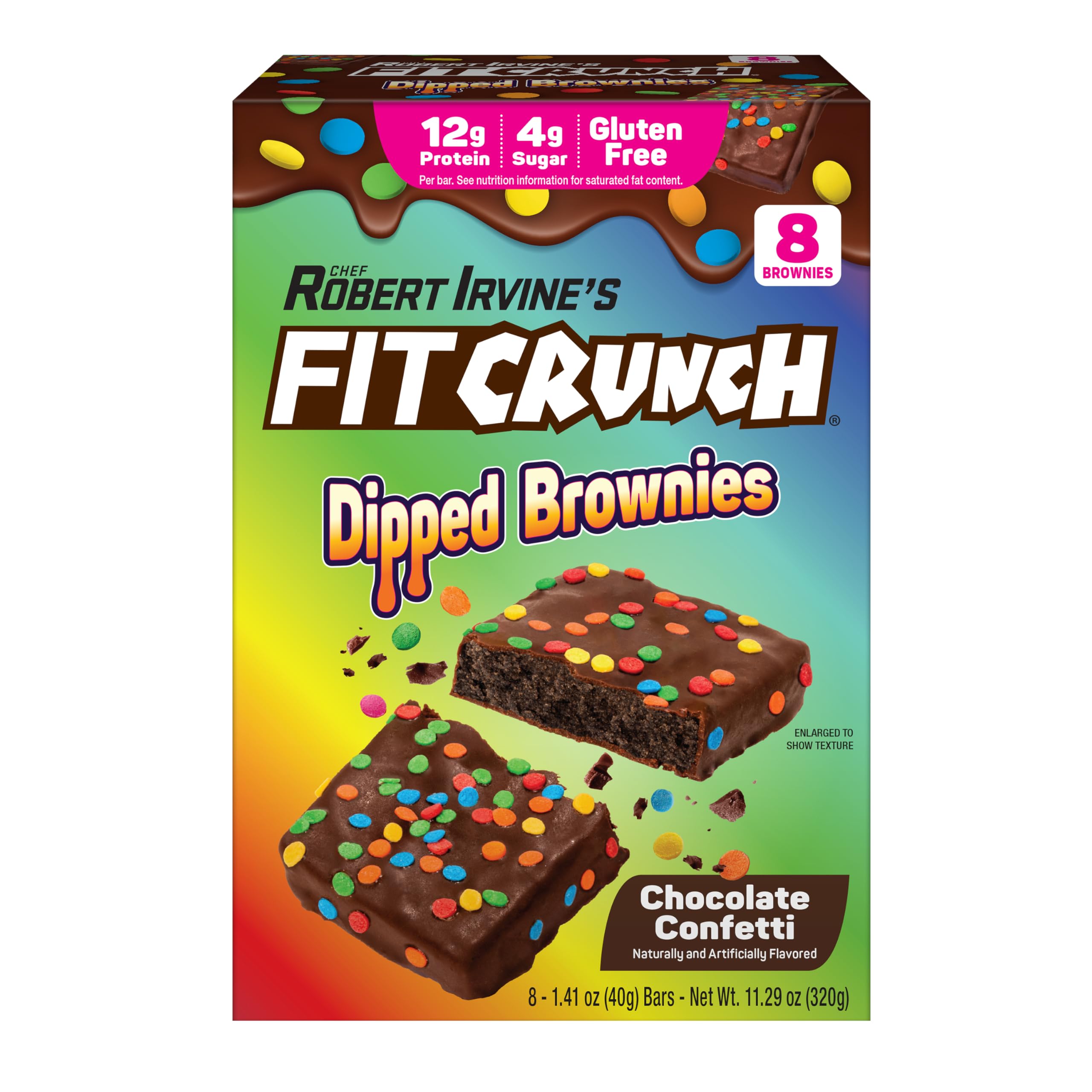 FitCrunch Dipped Protein Brownies packaging with confetti for a protein-packed treat