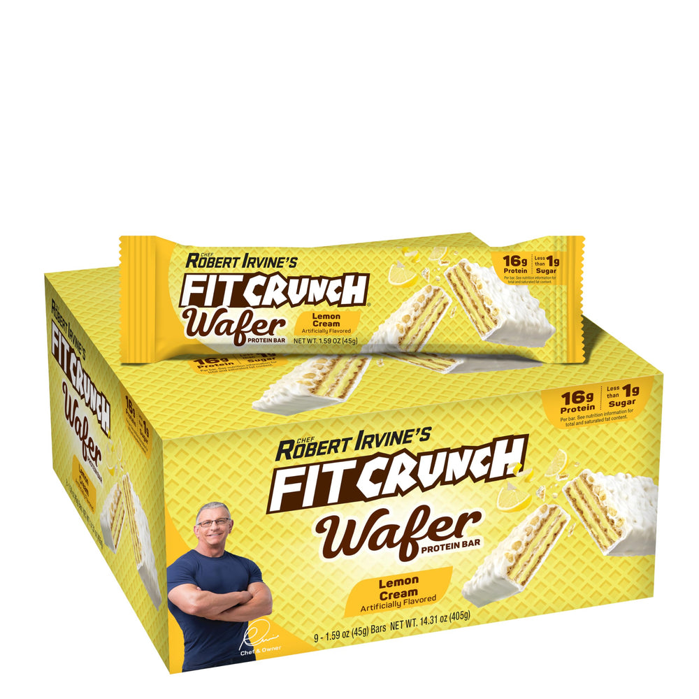 Front view of FITCRUNCH Lemon Cream Wafer Bars packaging
