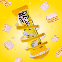 Bar broken in half showing layers of wafers and lemon cream
