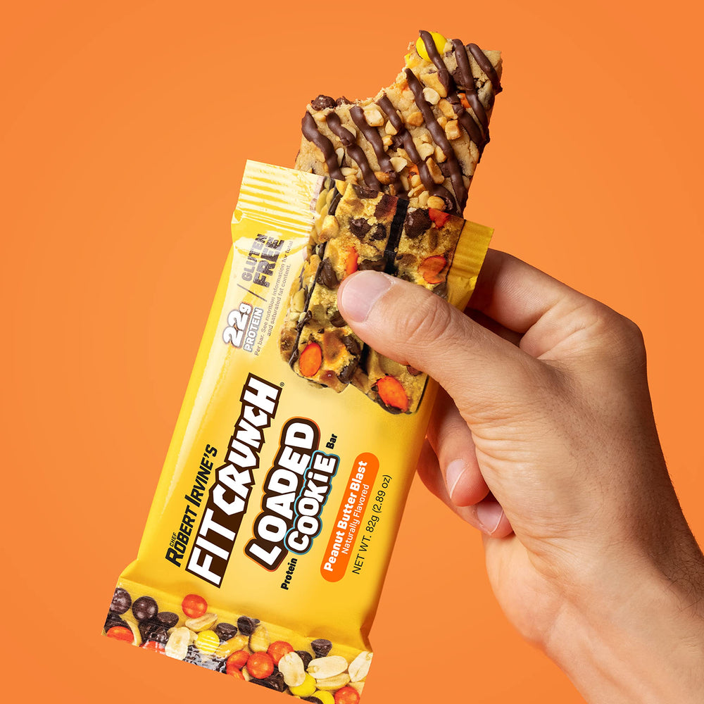 Close-up texture of FITCRUNCH Loaded Cookie Protein Bar