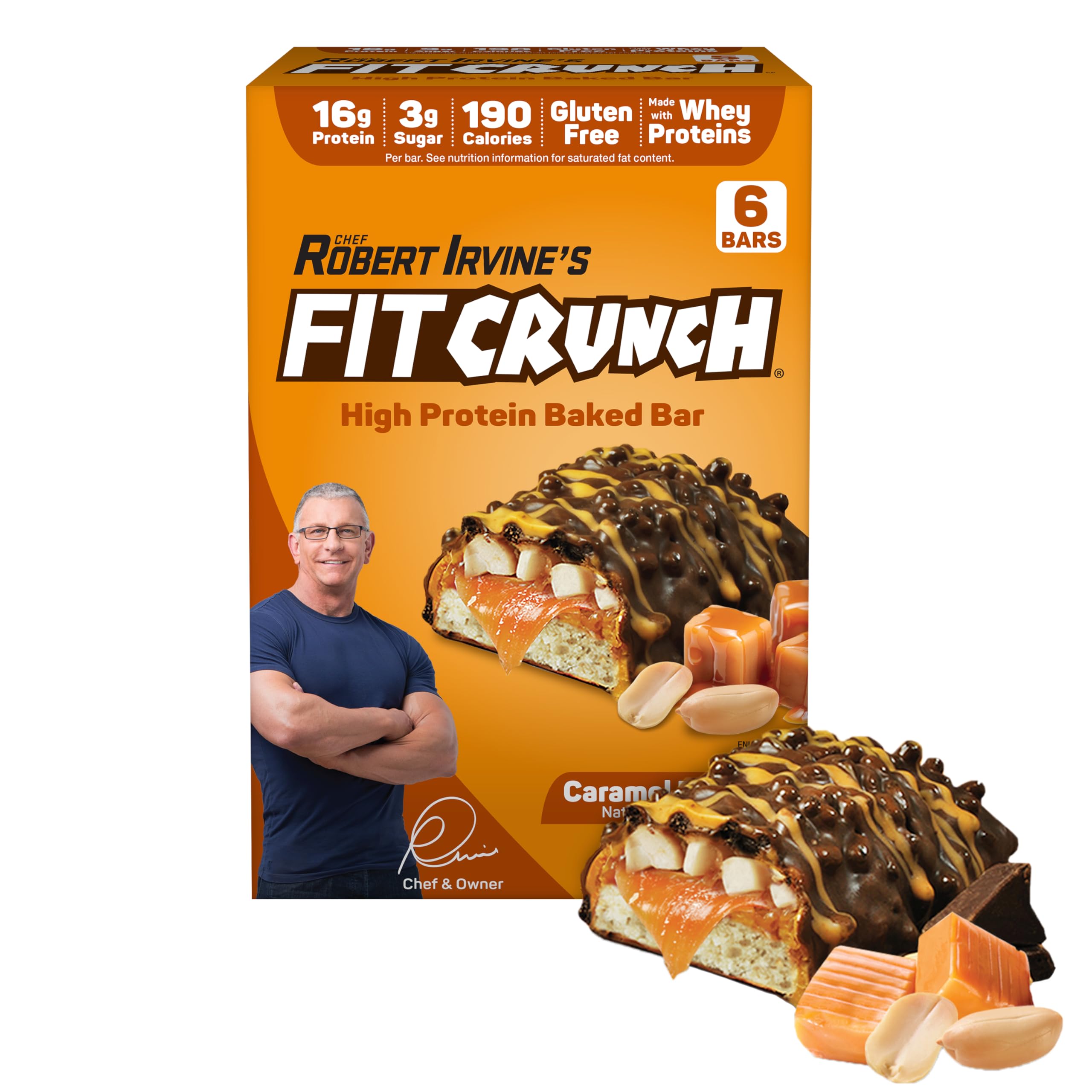 FITCRUNCH Snack Size Bar package showing caramel peanut flavor for on-the-go protein.