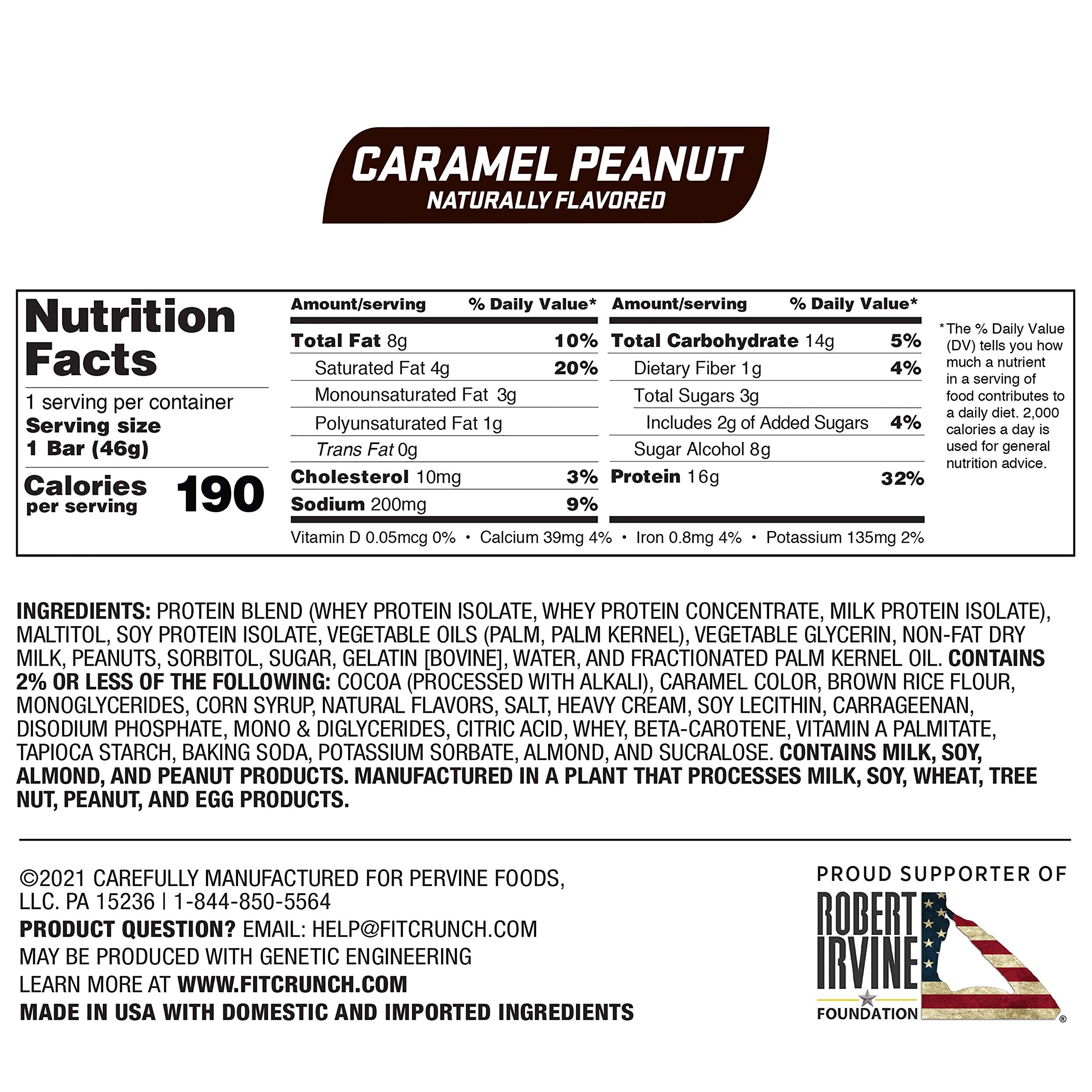 FITCRUNCH bar unwrapped reveals soft cake core and caramel peanut texture.