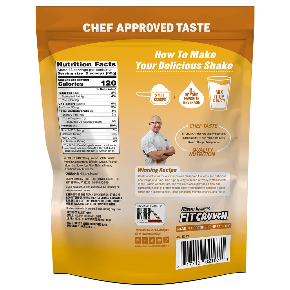 FITCRUNCH protein scoop reveals powder texture ideal for baking and scooping.