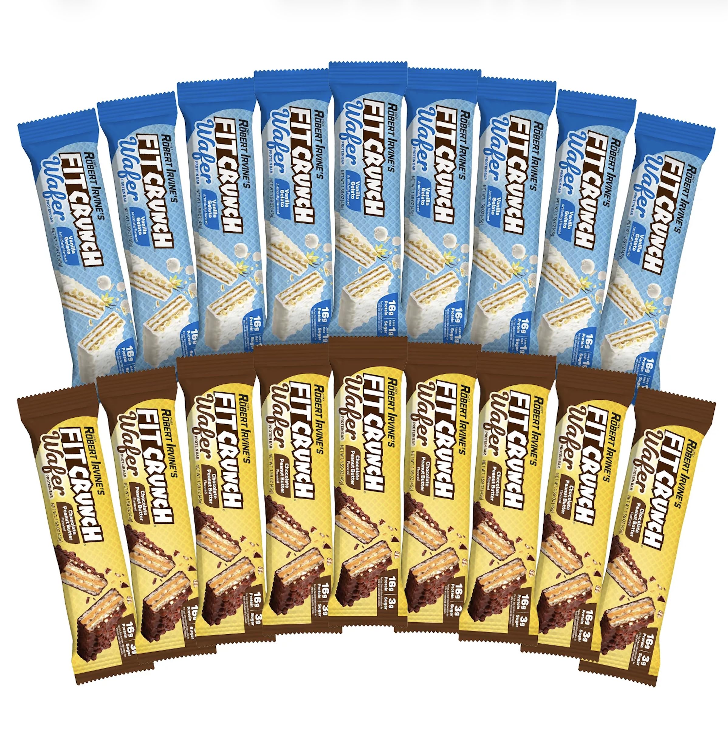 Fit Crunch wafer bar chocolate peanut butter wrapper shows protein-packed on-the-go snacking.