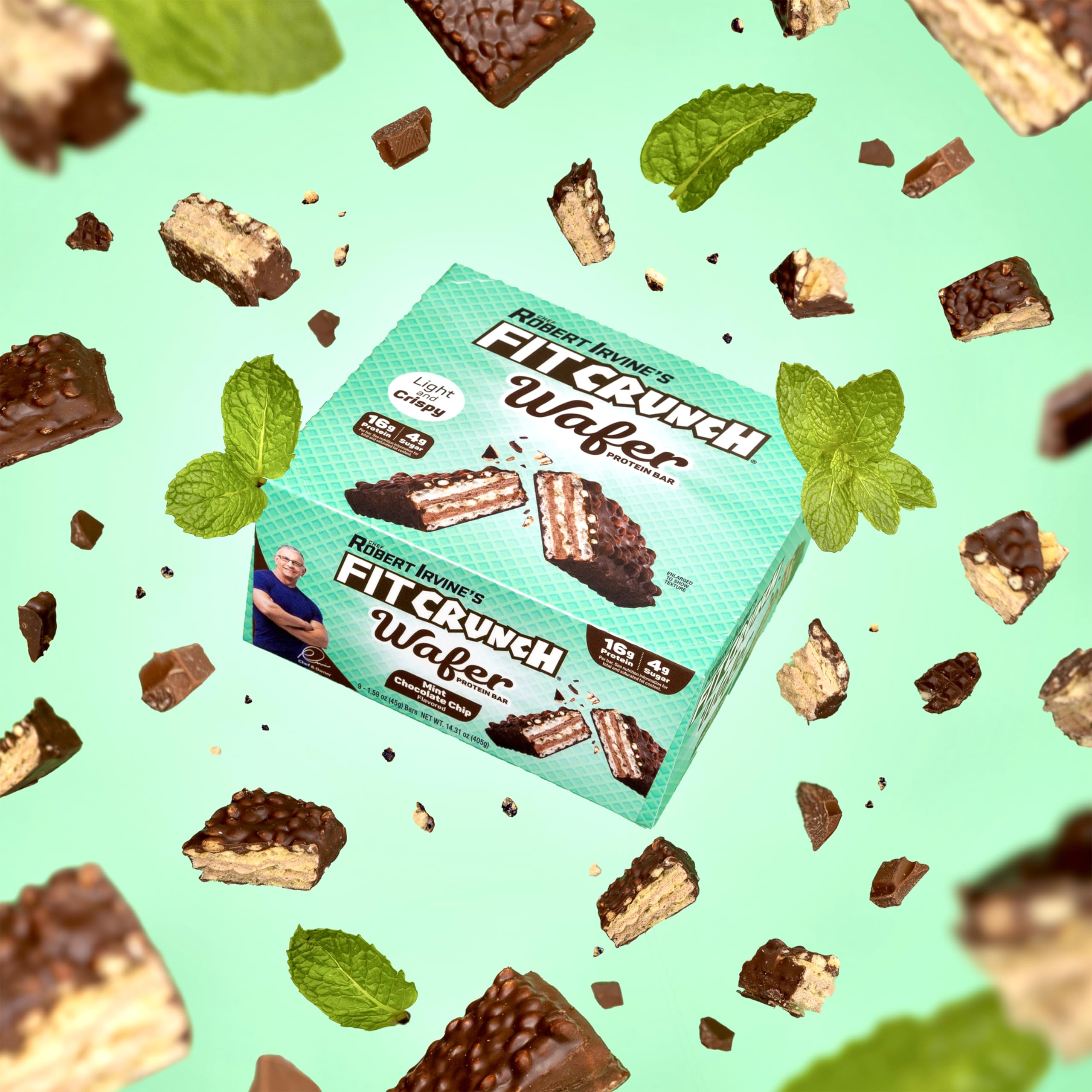 Packaged FITCRUNCH Wafer Protein Bars Mint Chocolate Chip - 9 bars
