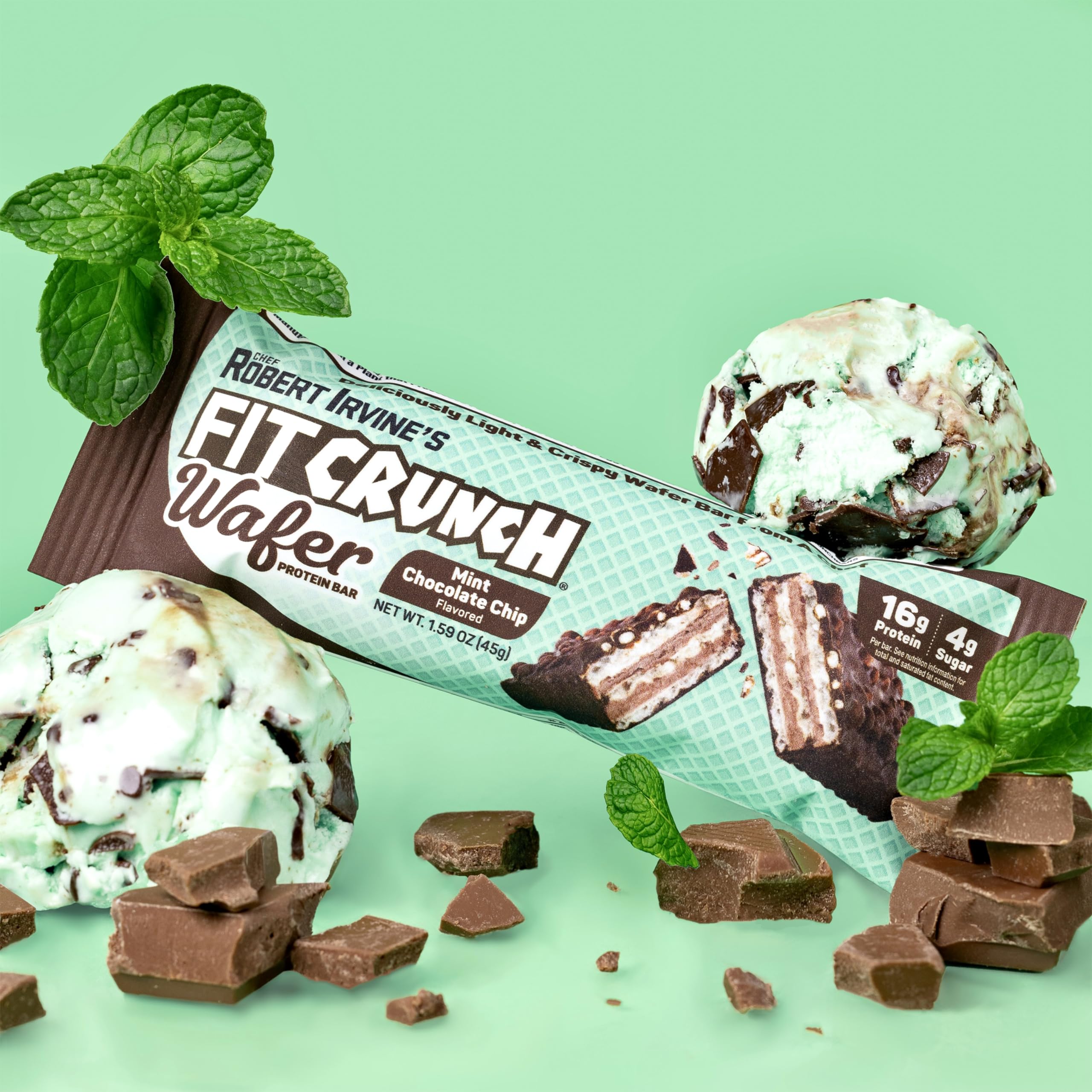 Unwrapped FITCRUNCH Mint Chocolate Chip wafer bar close-up