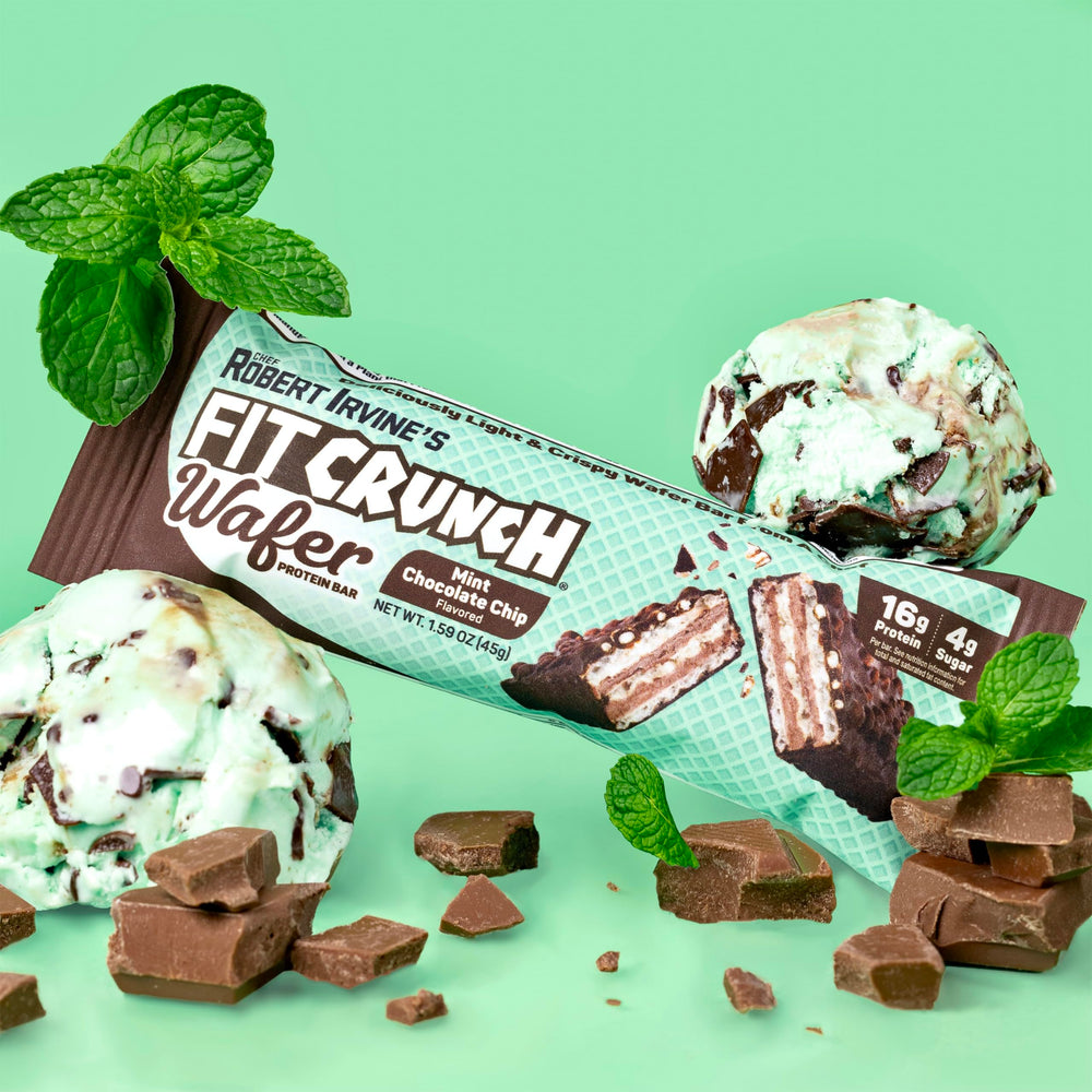 Unwrapped FITCRUNCH Mint Chocolate Chip wafer bar close-up