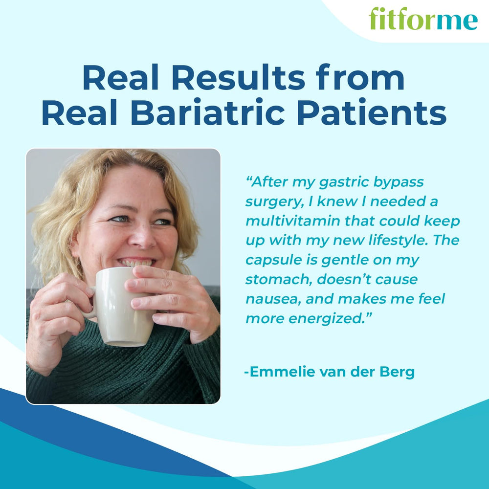 Close-up of a single capsule from FitForMe Bariatric Multivitamin with Iron