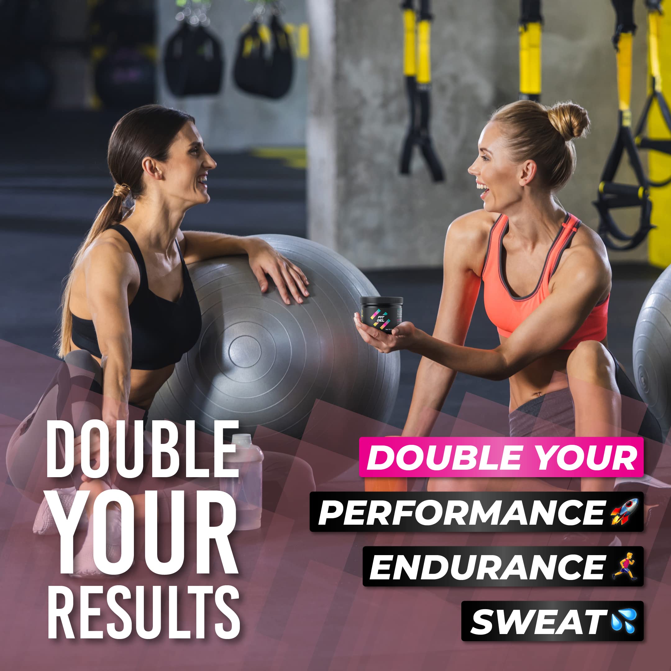 Fit Gel waist-trainer pairing demonstrates enhanced sweat during sessions.