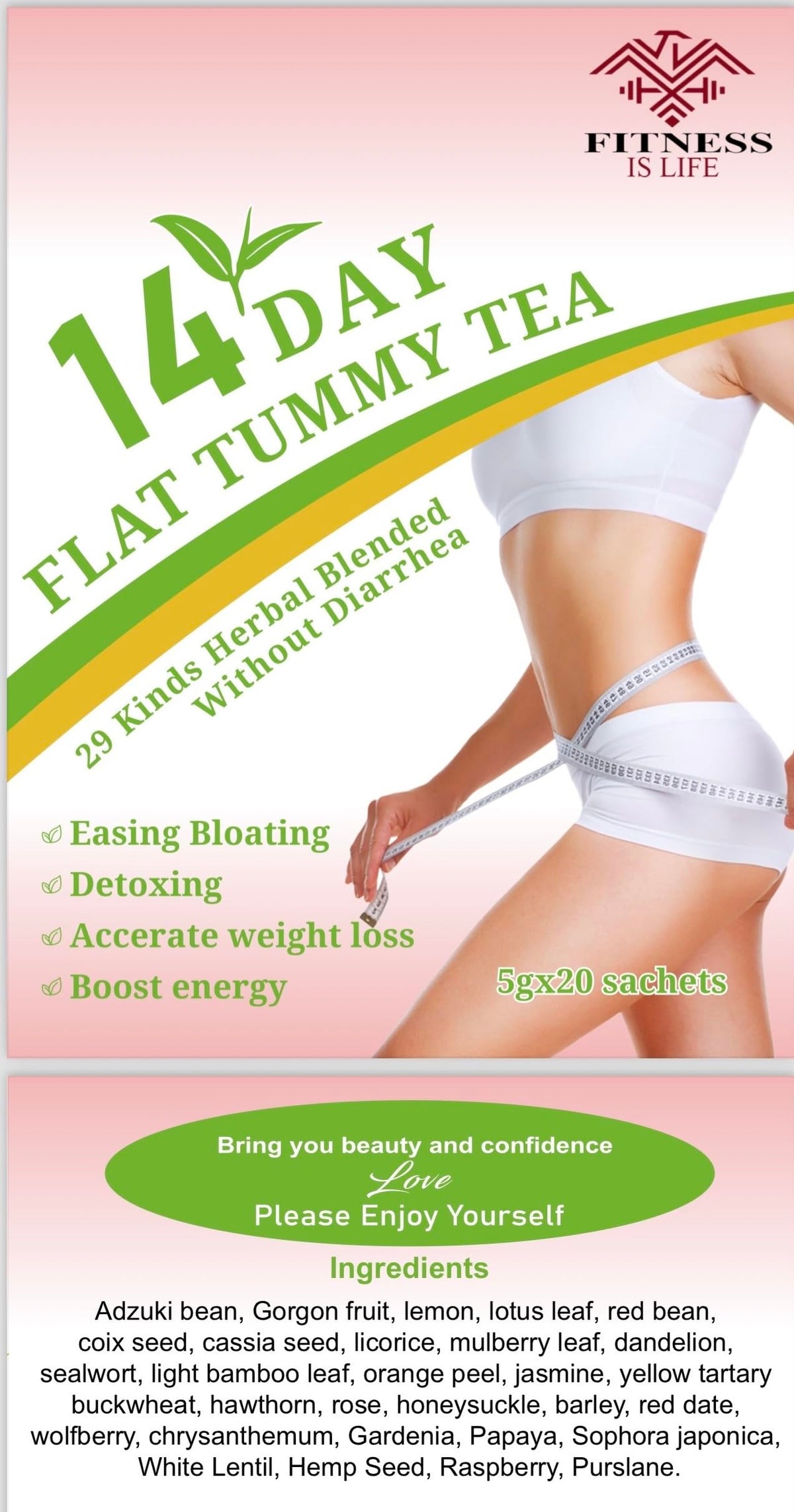 Fitness is Life 14-day tea packaging for a convenient two-week routine.
