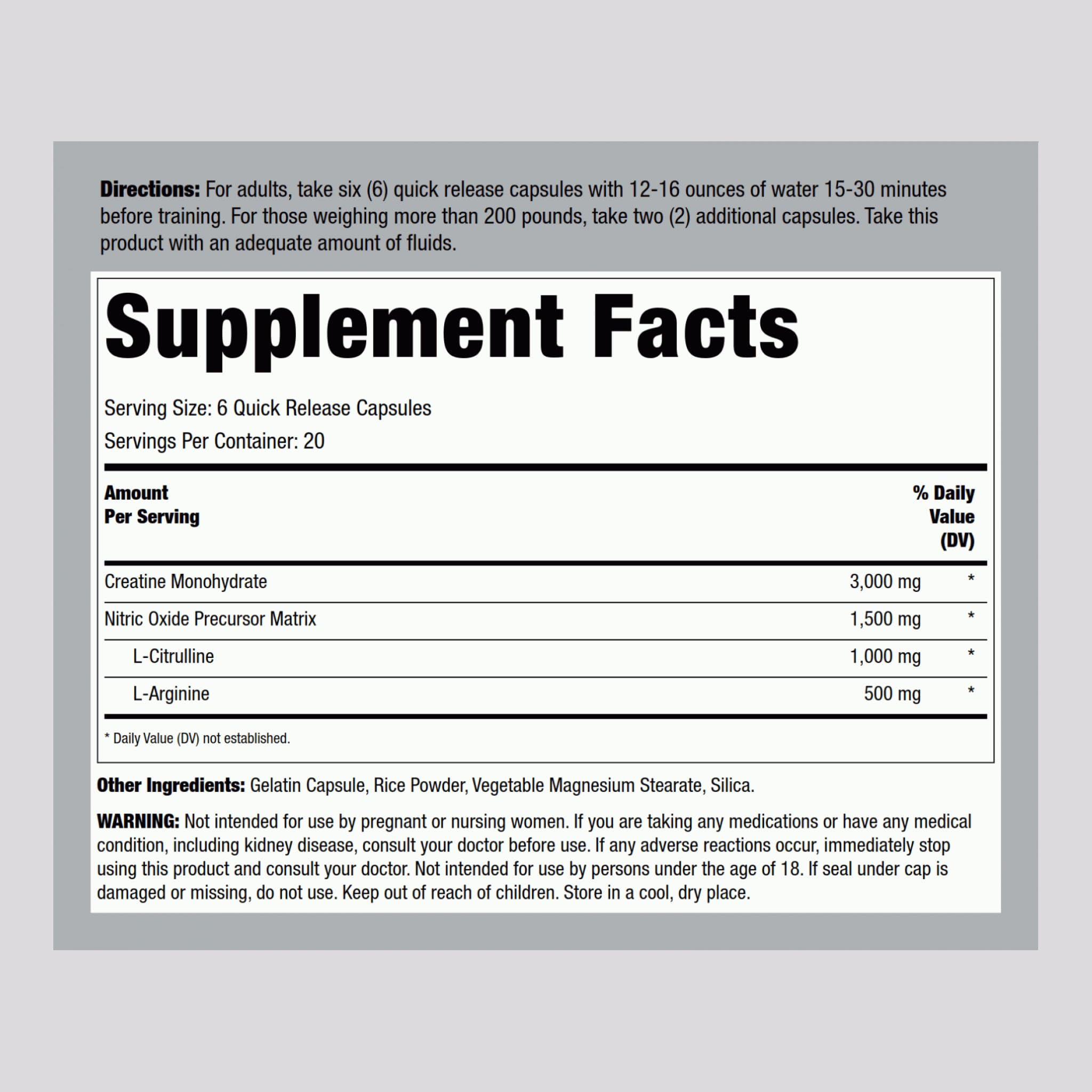 Close-up of Creatine capsules labeled 3000mg per serving