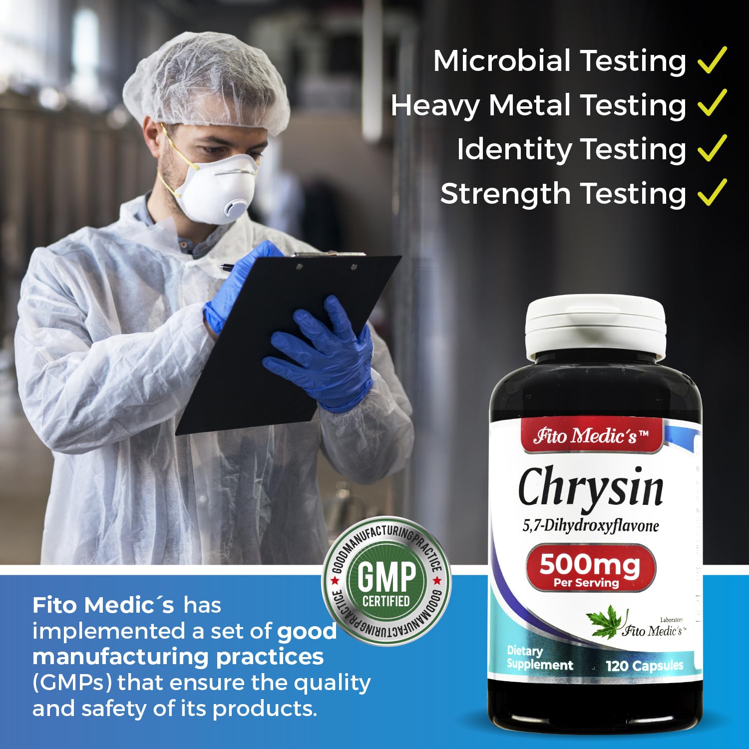 Lifestyle shot of Chrysin bottle on desk with natural elements