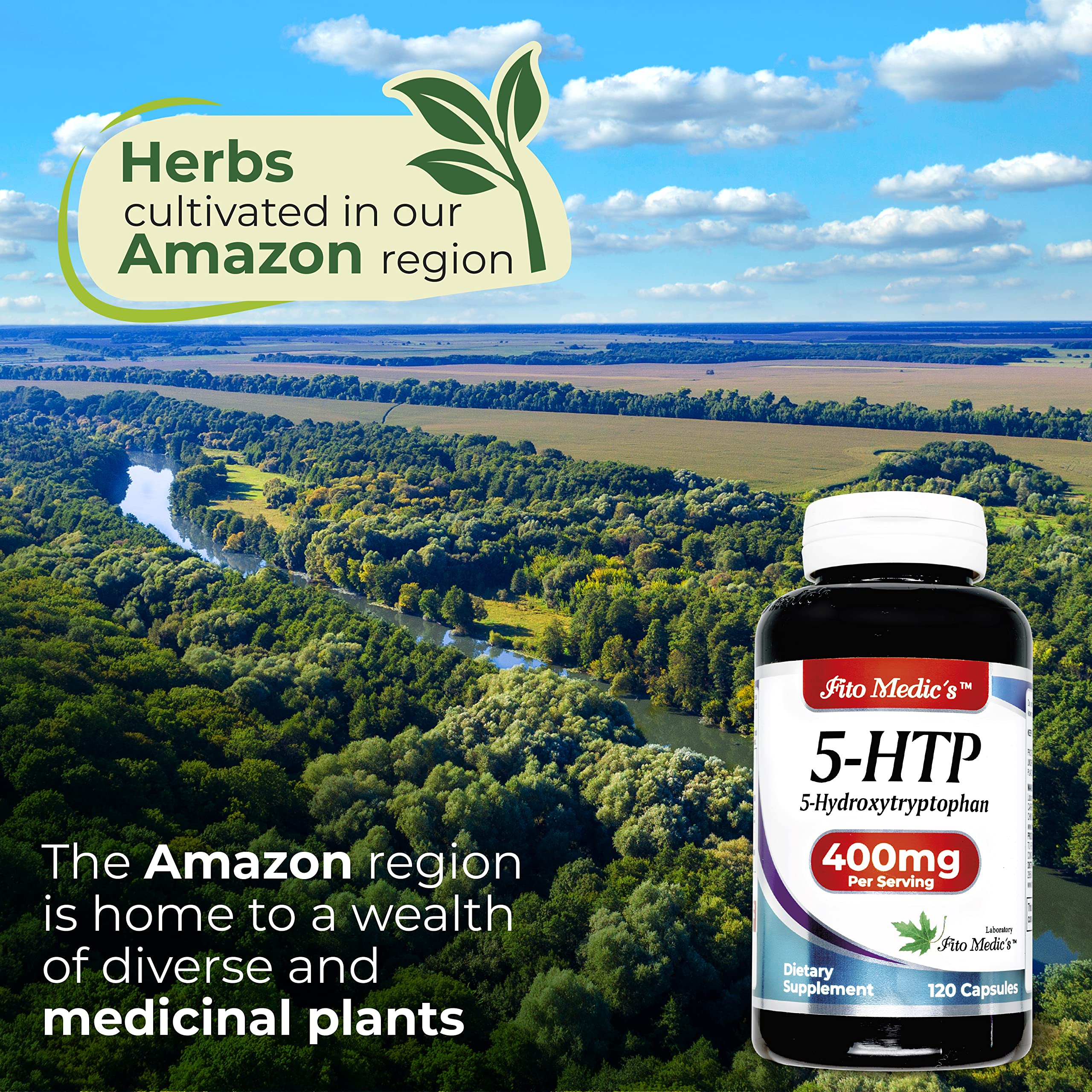 Close-up of 400mg per serving label on the 5-HTP bottle