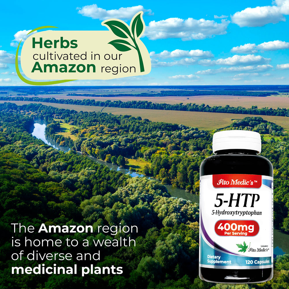 Close-up of 400mg per serving label on the 5-HTP bottle