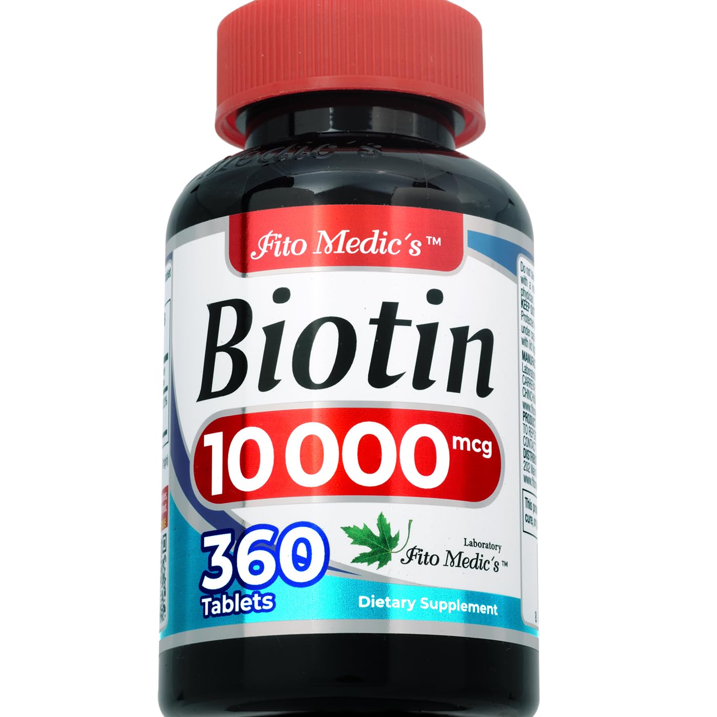 Biotin 10000mcg 360 tablets bottle label close-up