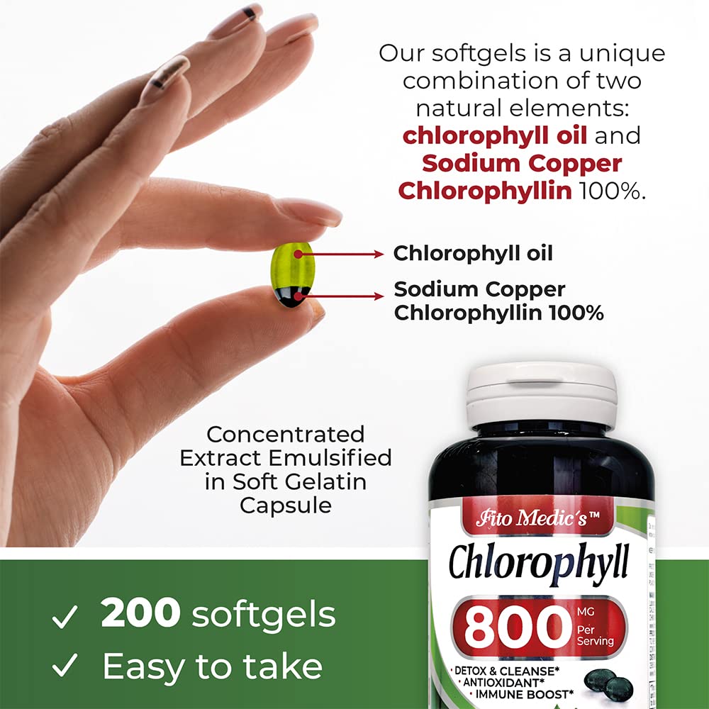Close-up of chlorophyll softgels bottle showing 800 mg per serving, image 2