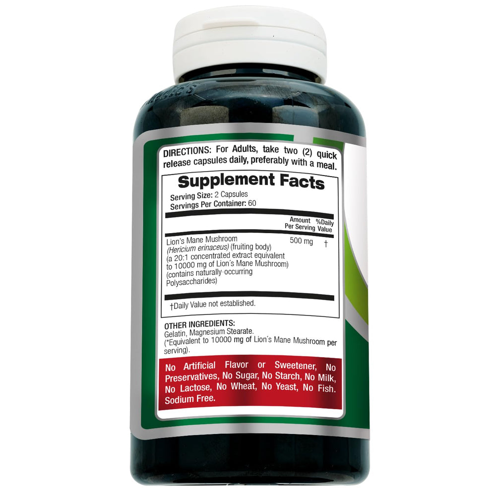 Lions Mane 20:1 extract label and capsules details