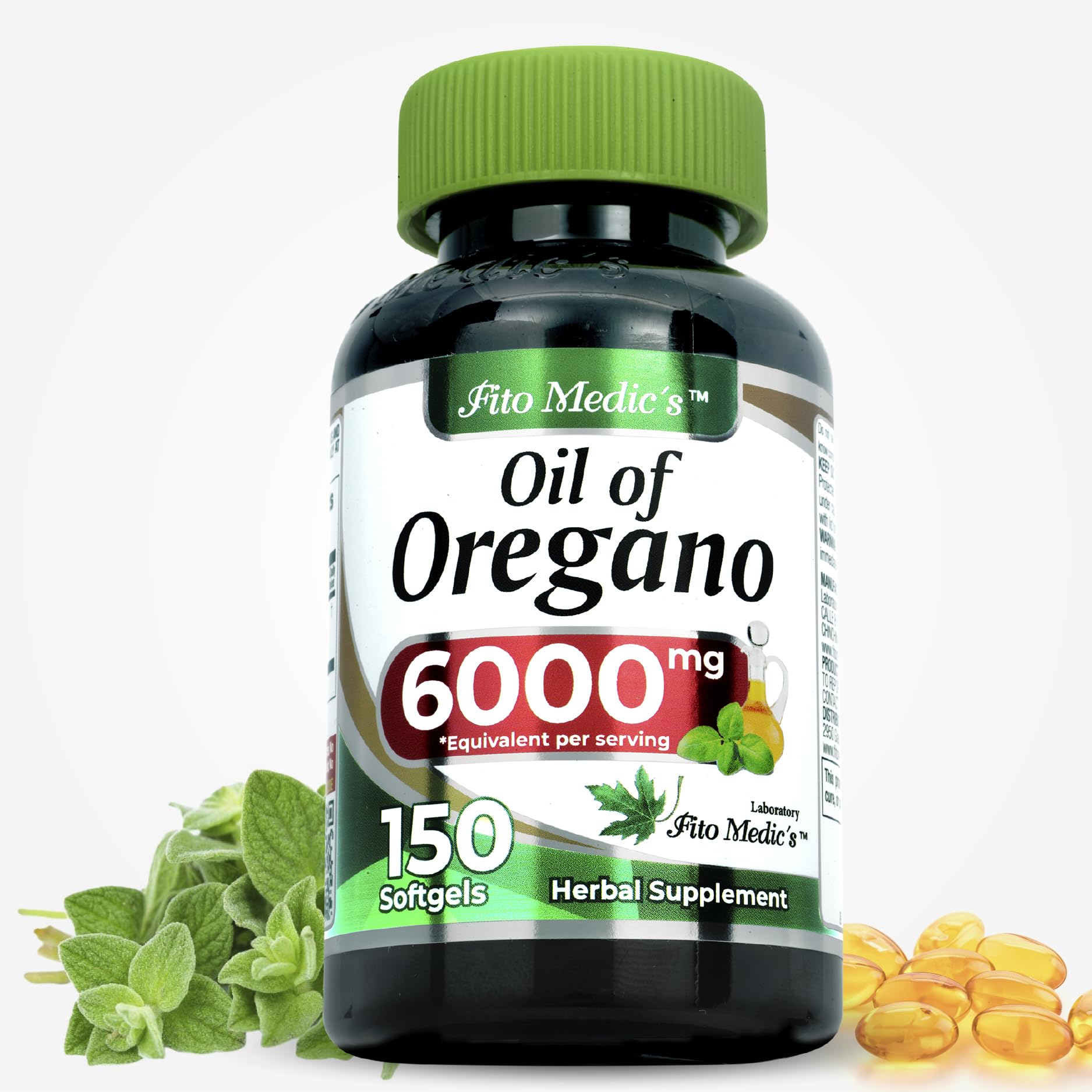 Close-up of oregano oil softgel capsules in a bottle