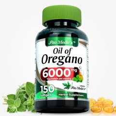 Close-up of oregano oil softgel capsules in a bottle