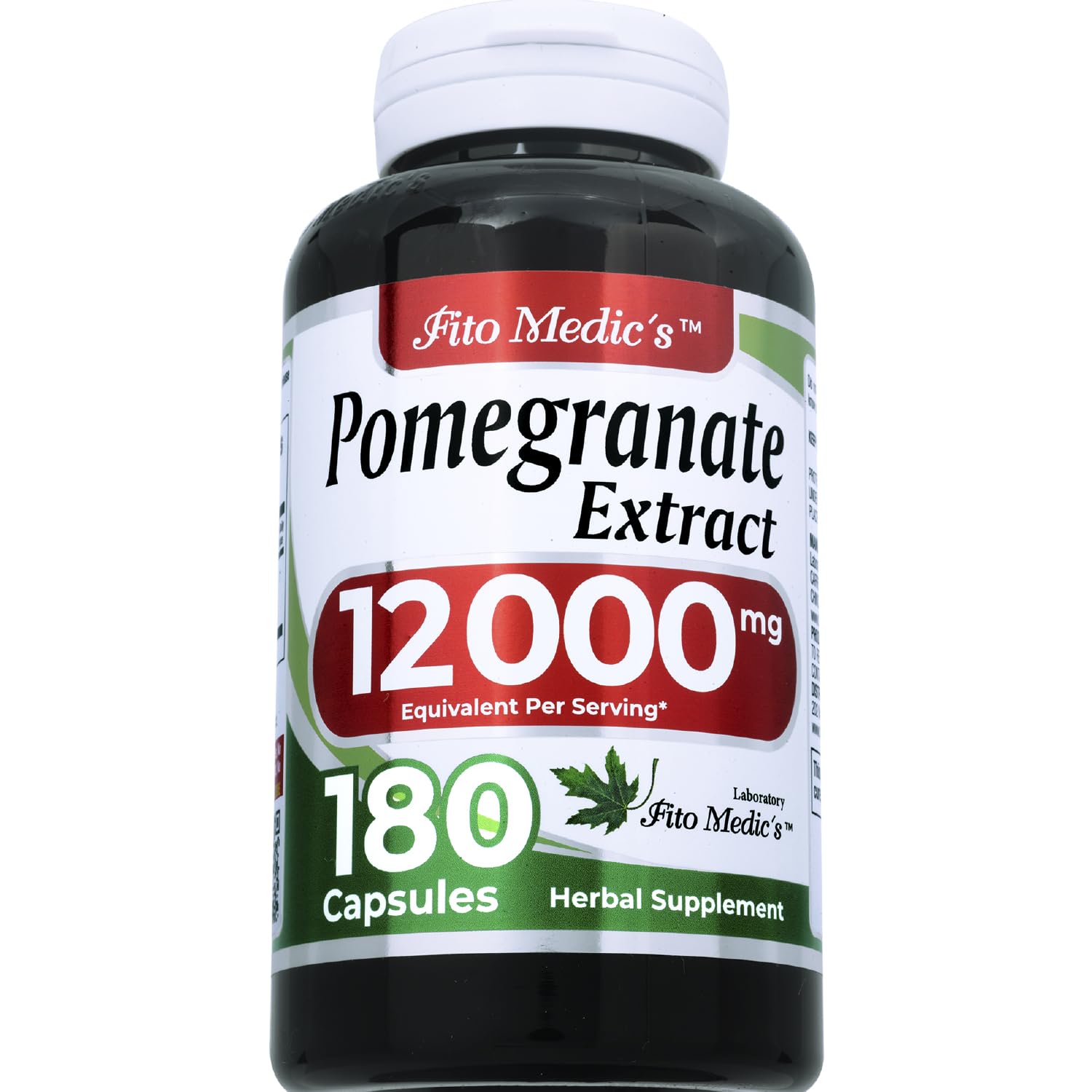 Close-up of 600 mg per serving pomegranate extract capsules
