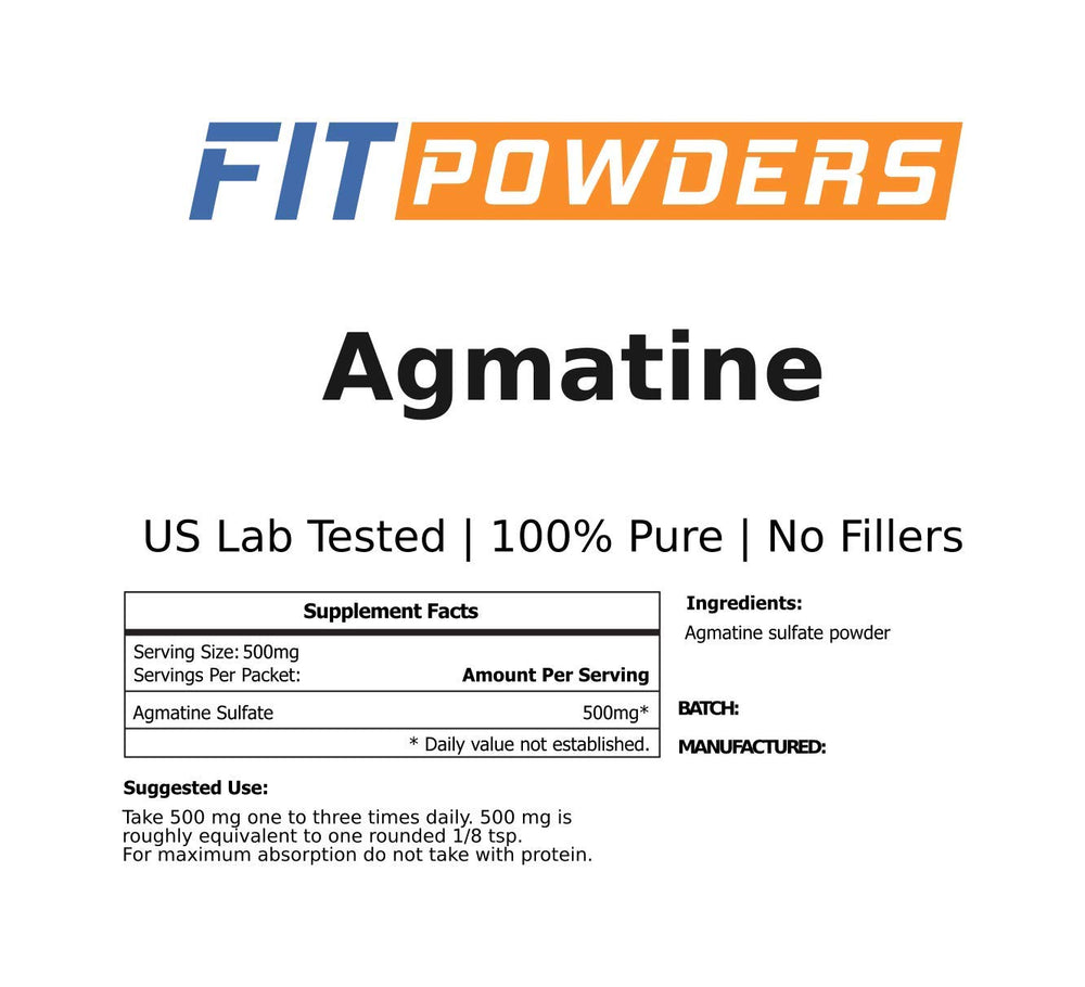 Close-up of FitPowders agmatine powder label showing vegan and gluten-free status.