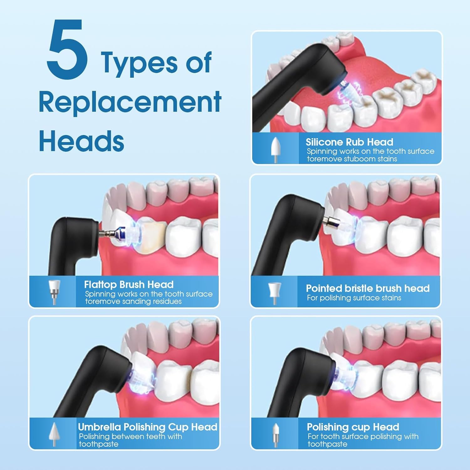 Five replacement brush heads for different cleaning tasks