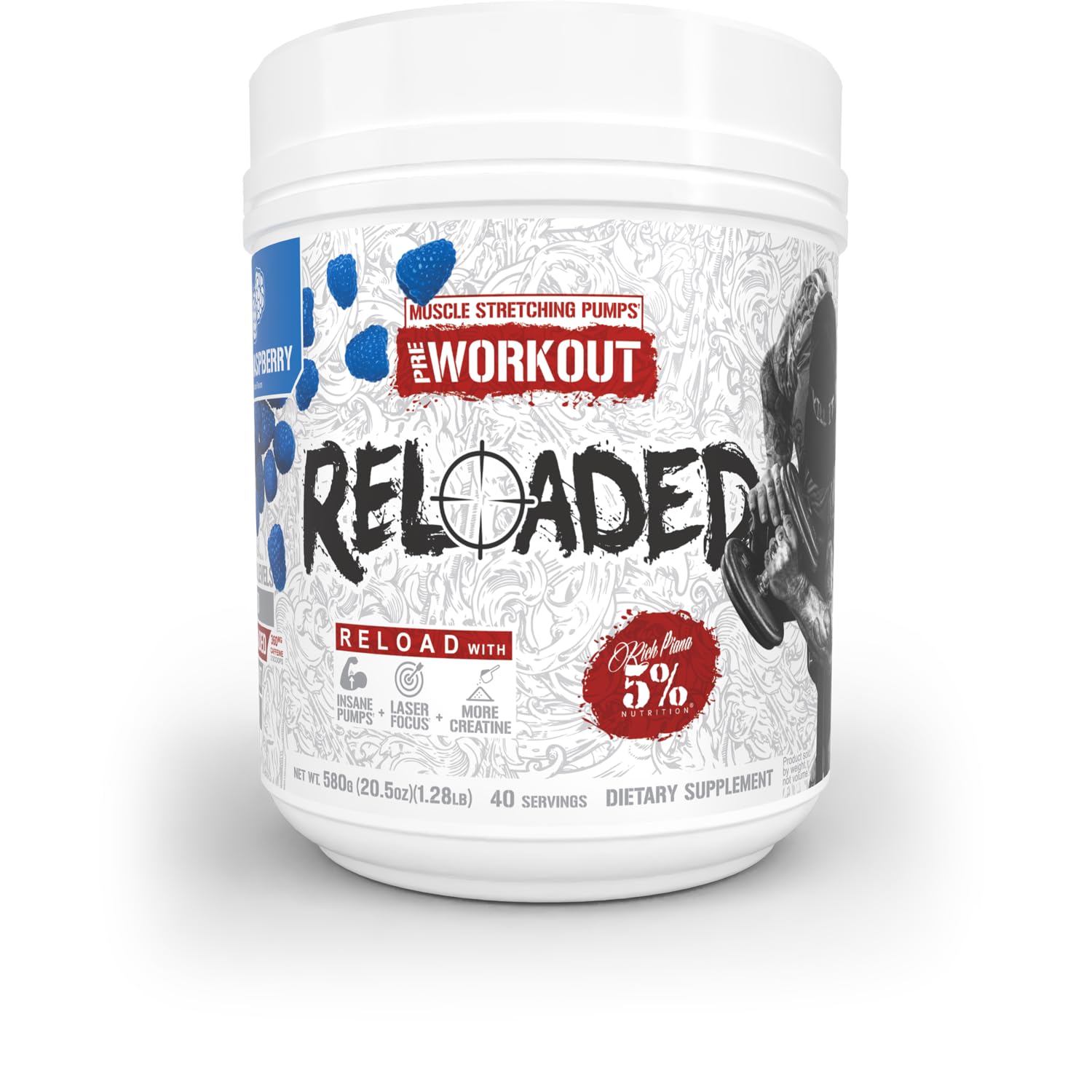 Five Percent Nutrition Rich Piana Reloaded bottle showcases a high-stim pre-workout for intense workouts and focus.