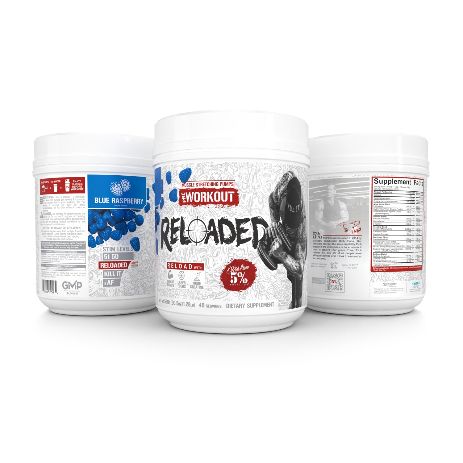 Five Percent Nutrition Rich Piana Reloaded nootropic-blend image signals calm focus during lifts.