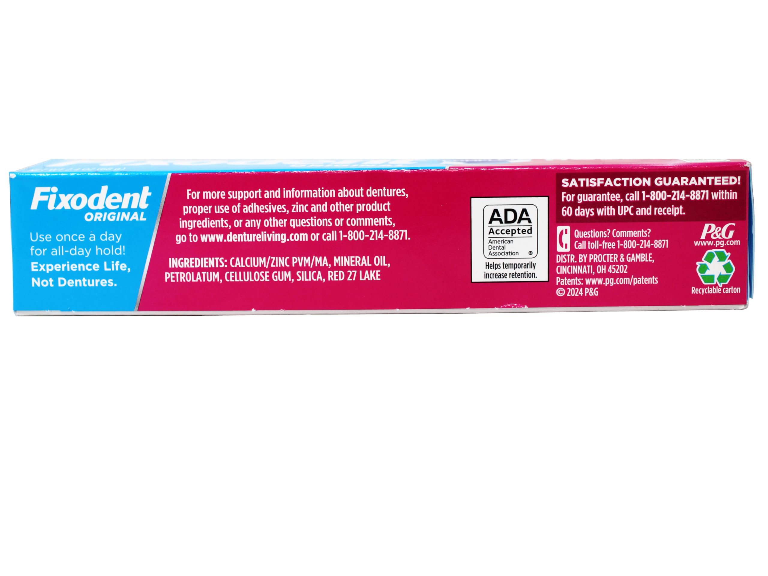 Denture care product box and 2.4 oz Fixodent tube