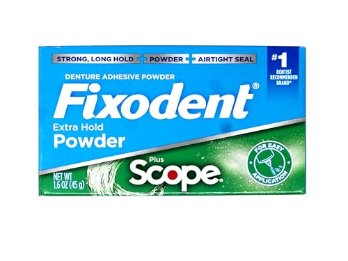 Close-up of Fixodent Extra Strong denture adhesive powder container.