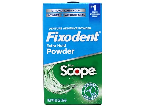 Front view of Fixodent Scope denture adhesive powder packaging, 1.6 oz each.