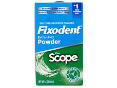 Front view of Fixodent Scope denture adhesive powder packaging, 1.6 oz each.