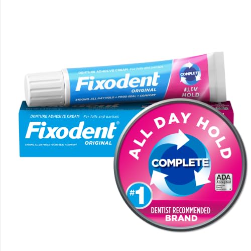 Close-up of Fixodent Original 2.4 oz adhesive tube