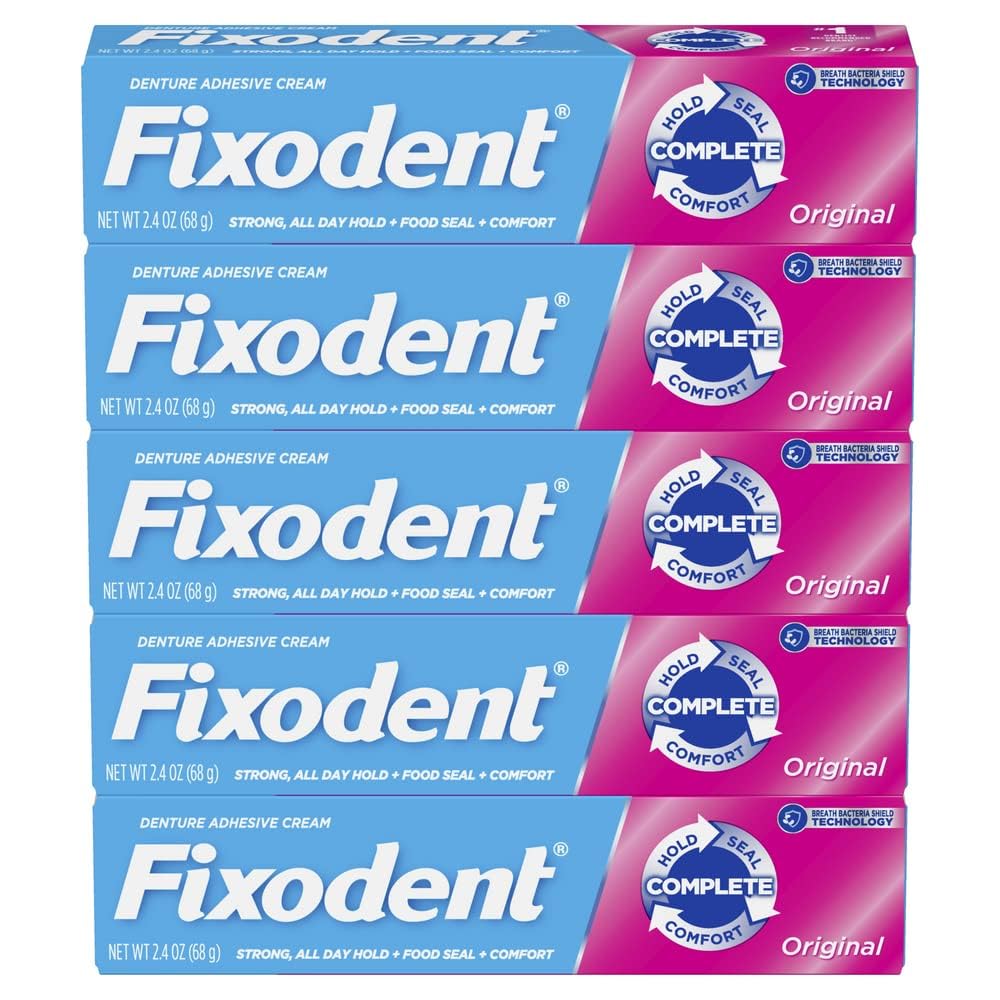 Five tubes of Fixodent Original denture adhesive cream, 2.4 oz each