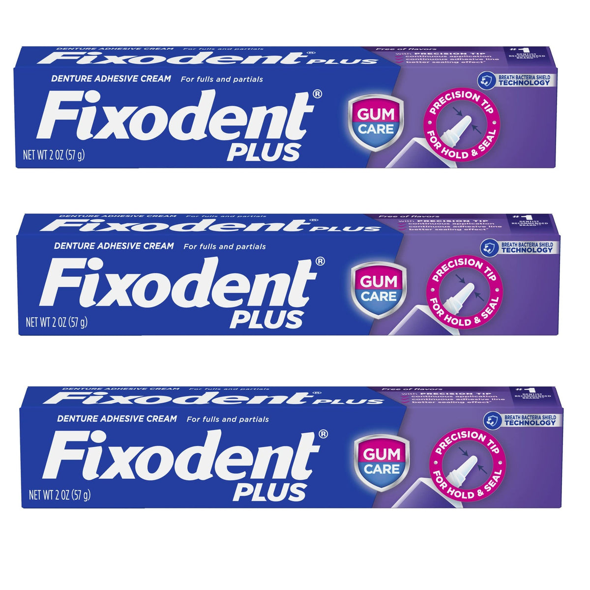 Front view of Fixodent Plus 2 oz denture adhesive cream tube