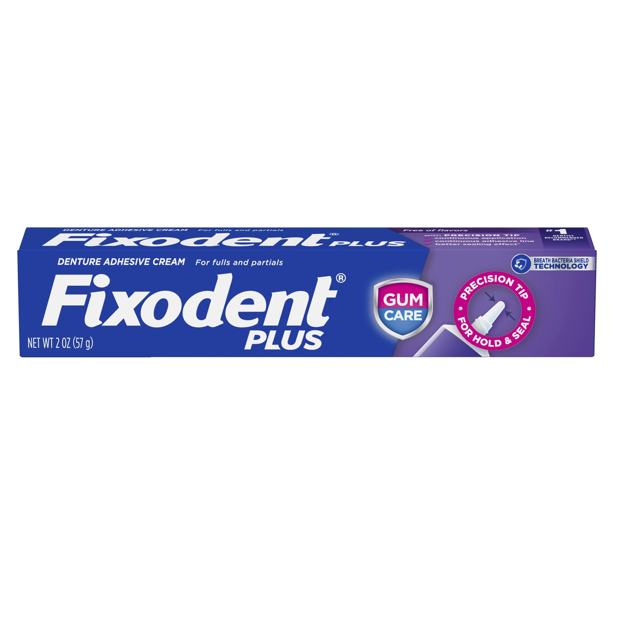 Close-up of precision tip nozzle on Fixodent Plus tube
