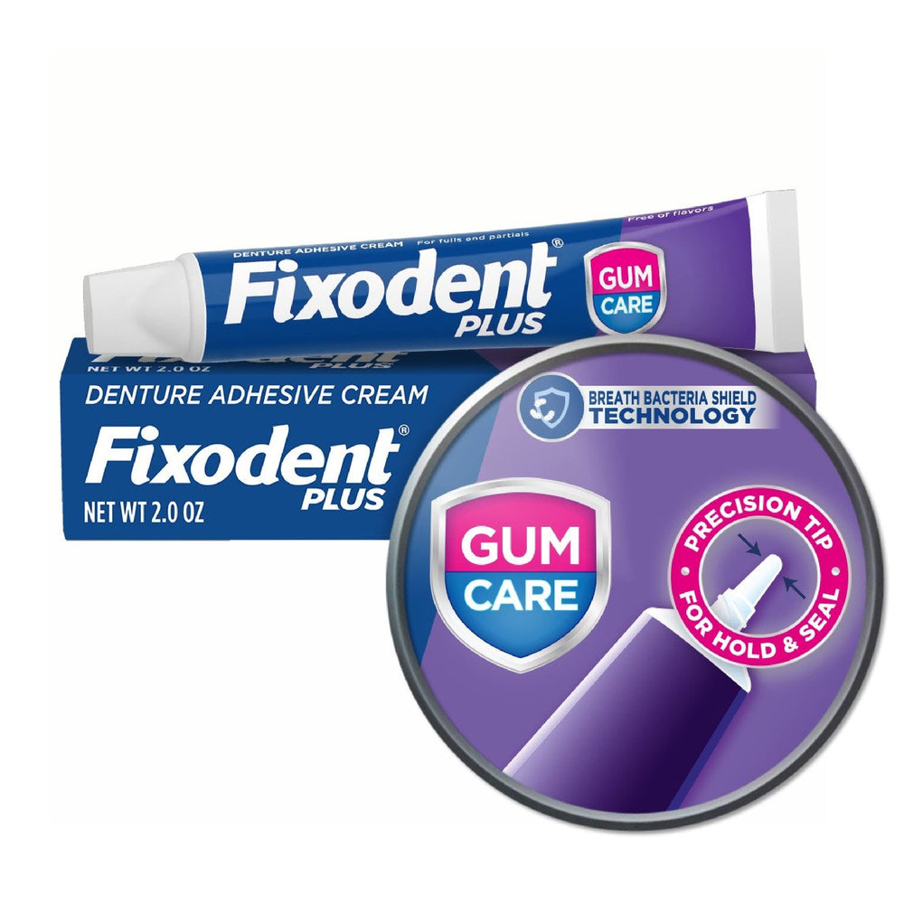 Applying Fixodent Plus along denture edge with precision tip