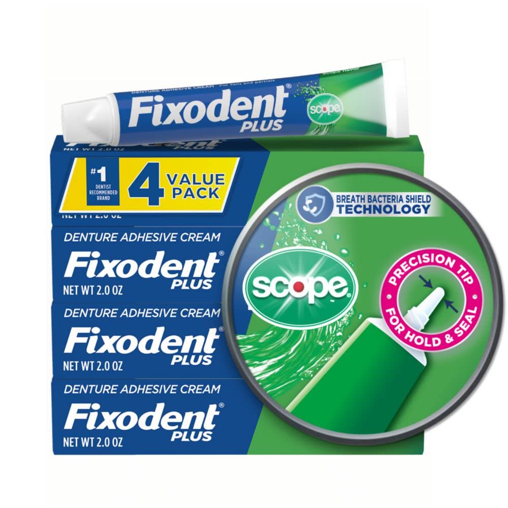 Four 2.0oz Fixodent Plus Scope denture adhesive tubes in a pack
