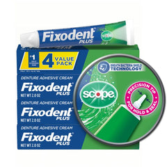 Four 2.0oz Fixodent Plus Scope denture adhesive tubes in a pack