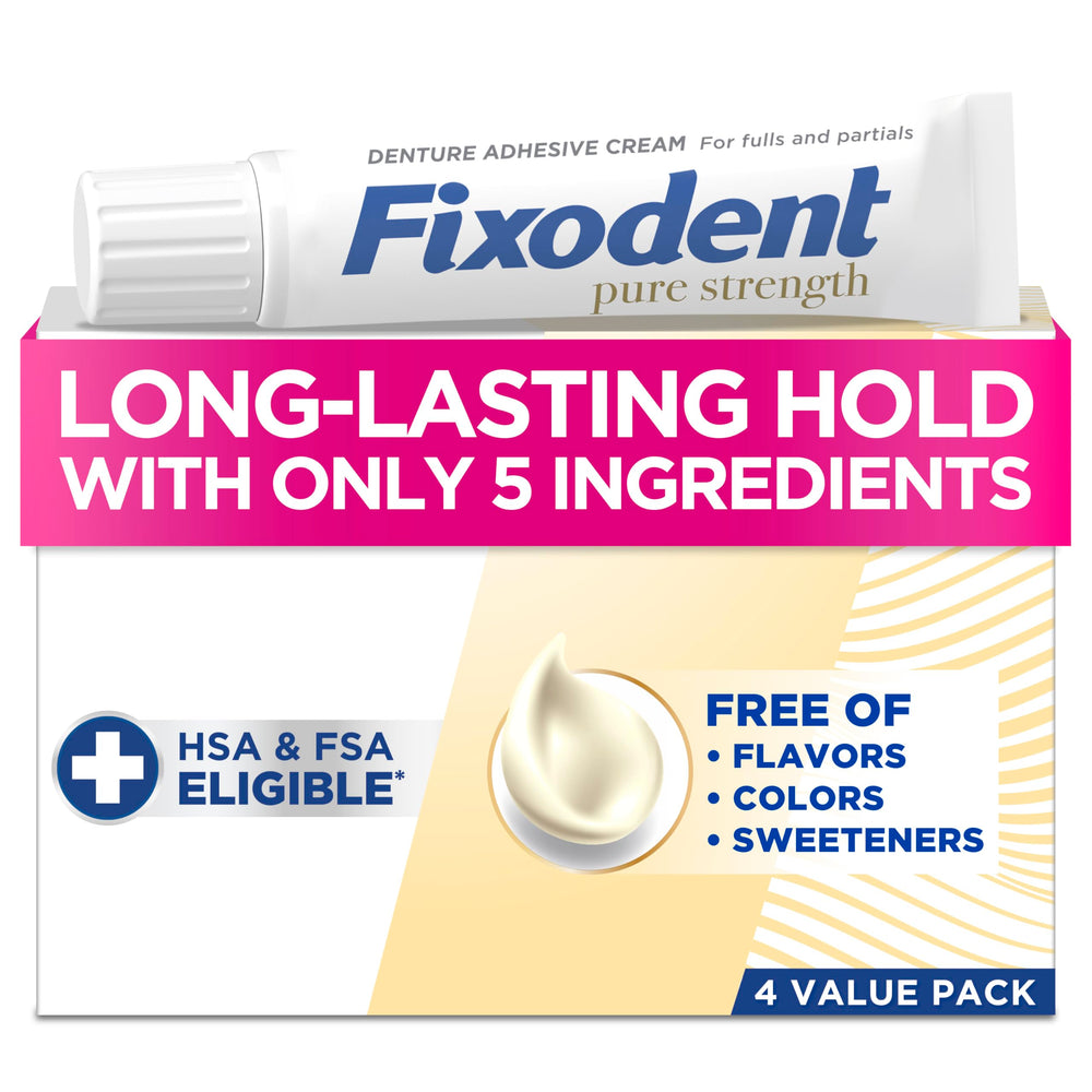 Pack of four 2.4oz Fixodent Pure Strength denture adhesive tubes, front view.