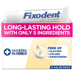 Pack of four 2.4oz Fixodent Pure Strength denture adhesive tubes, front view.