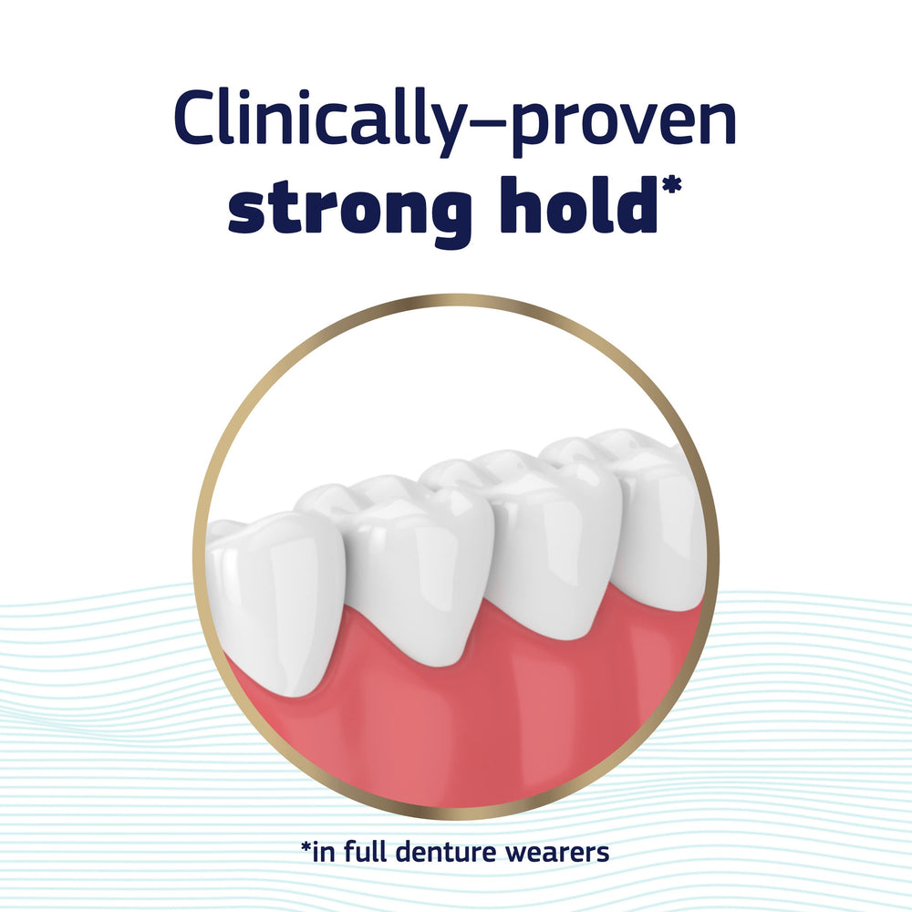 Side view of four Fixodent Pure Strength tubes in a pack.