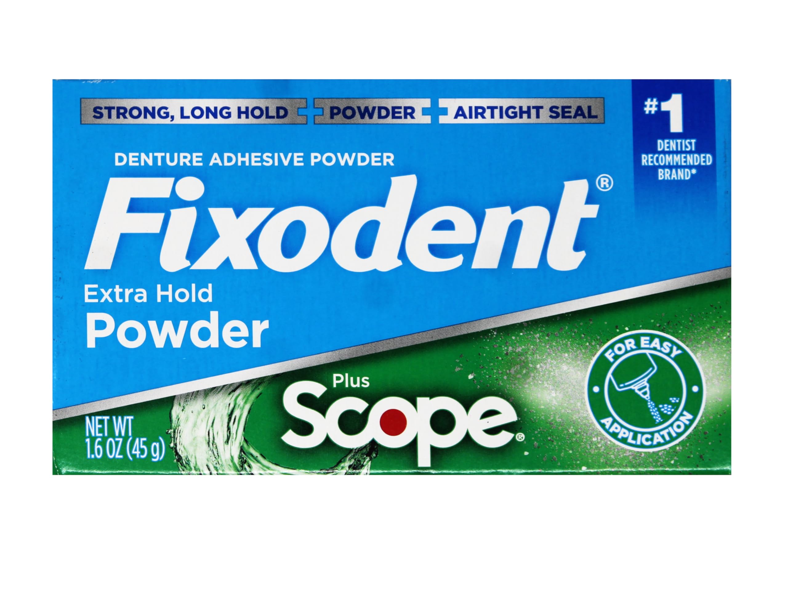 Close-up of minty Scope flavor notes on Fixodent powder packaging.