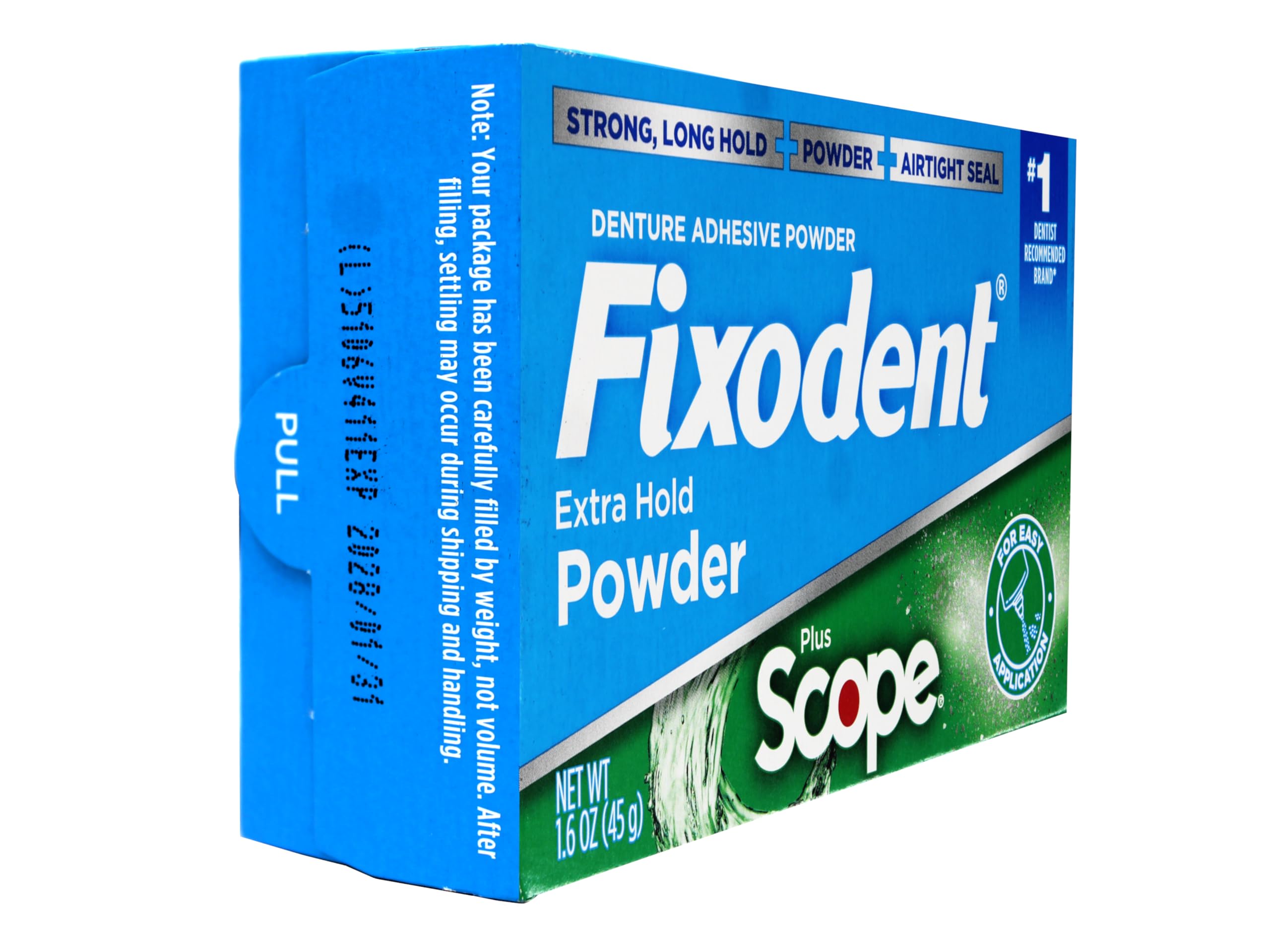 Illustration of long-lasting, strong hold for dentures with Fixodent powder.