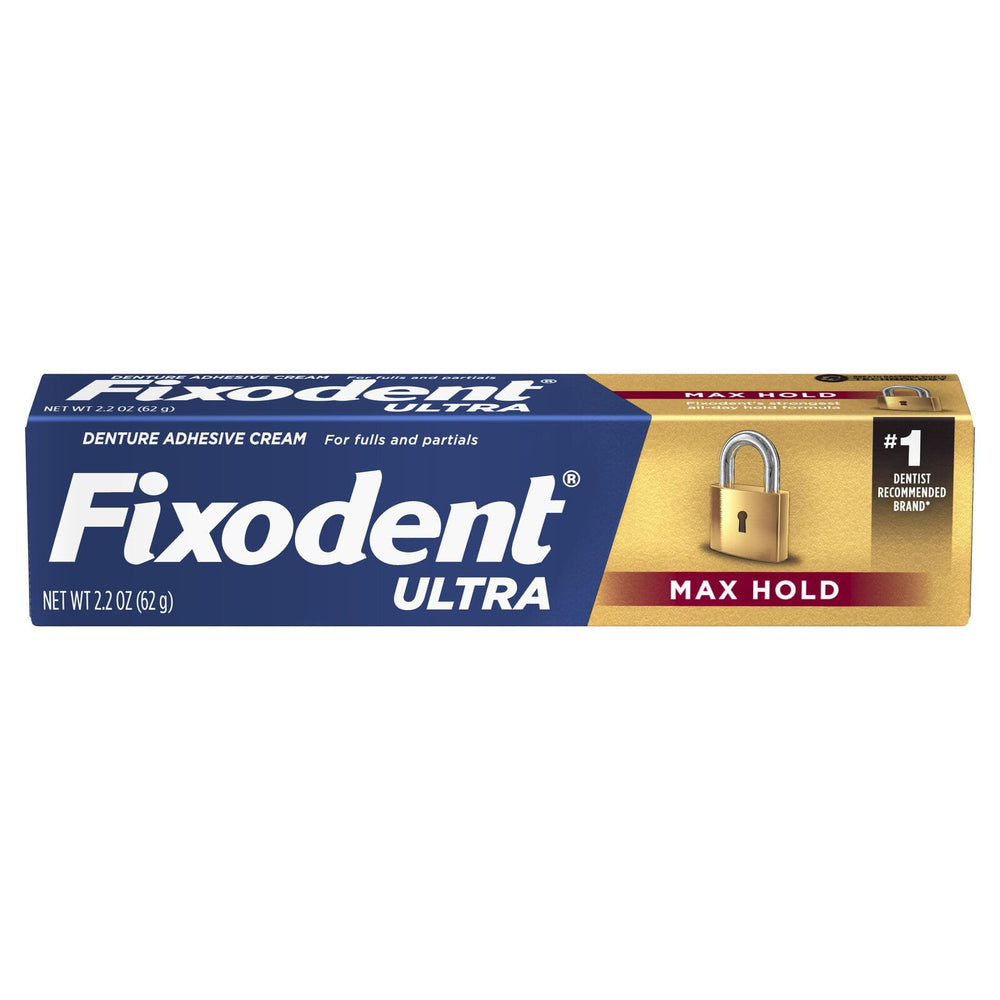Fixodent Ultra Max Hold dental adhesive packaging front showing 7-pack