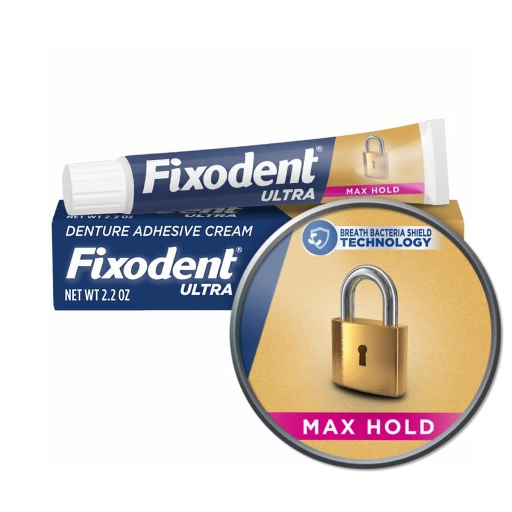Seven-pack Fixodent Ultra Max Hold adhesive tubes display