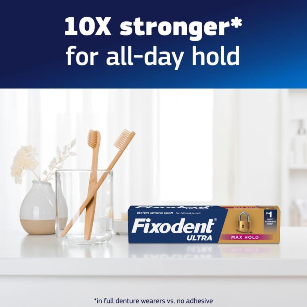 Denture with Fixodent Ultra Max Hold providing all-day hold