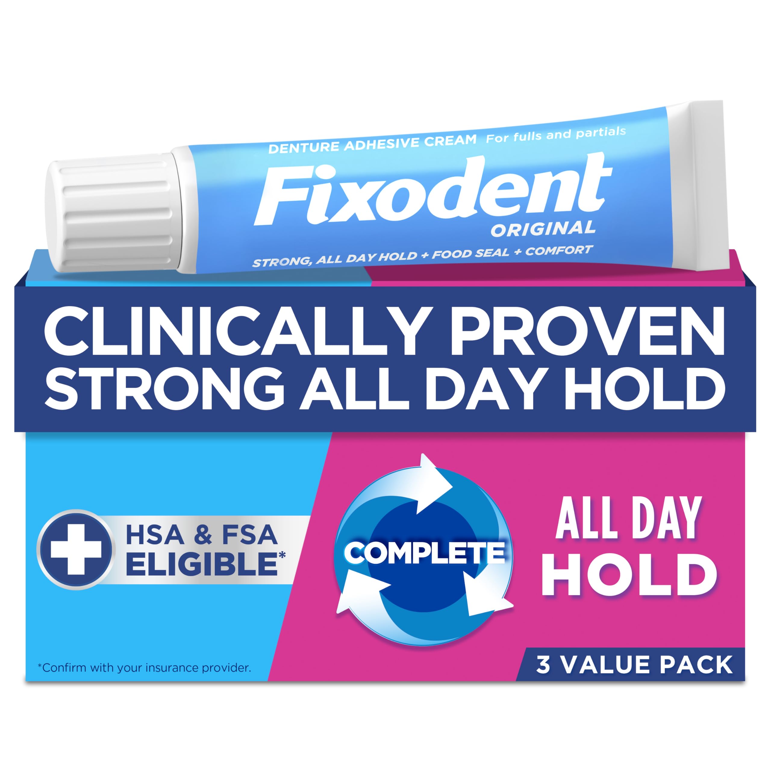 Front view of Fixodent Complete Original Denture Adhesive Cream 2.4 oz 3-pack packaging