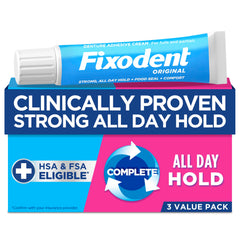 Front view of Fixodent Complete Original Denture Adhesive Cream 2.4 oz 3-pack packaging
